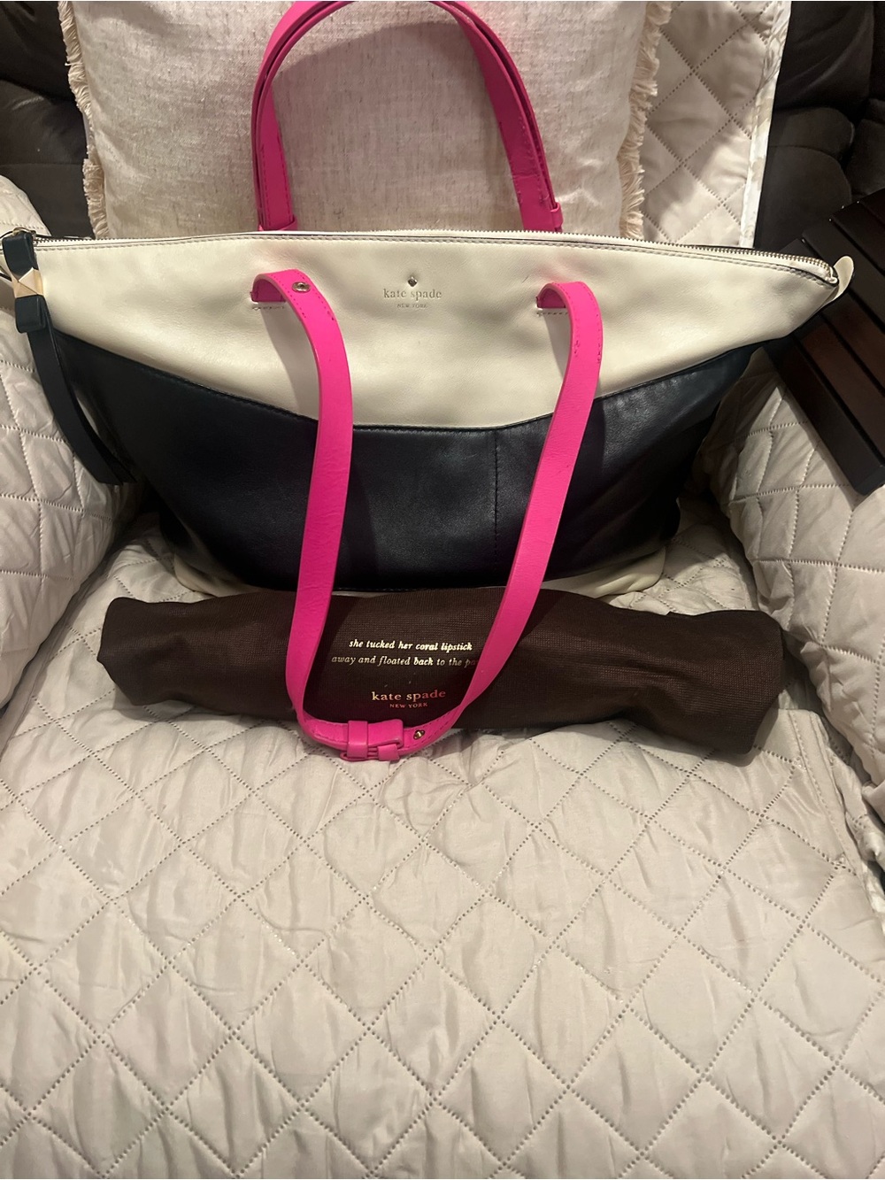 kate spade Black White Tote with Bright Pink Straps